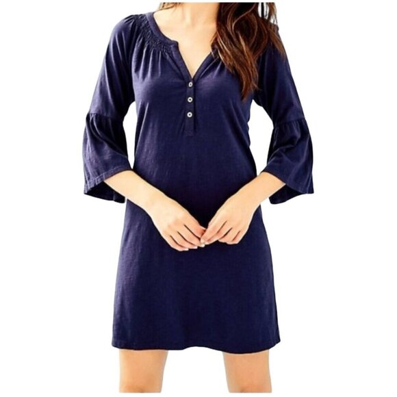 Lilly Pulitzer Navy Blue Teigen Dress 3/4 Bell Sleeve Henley Pima Cotton Size S - Picture 1 of 8